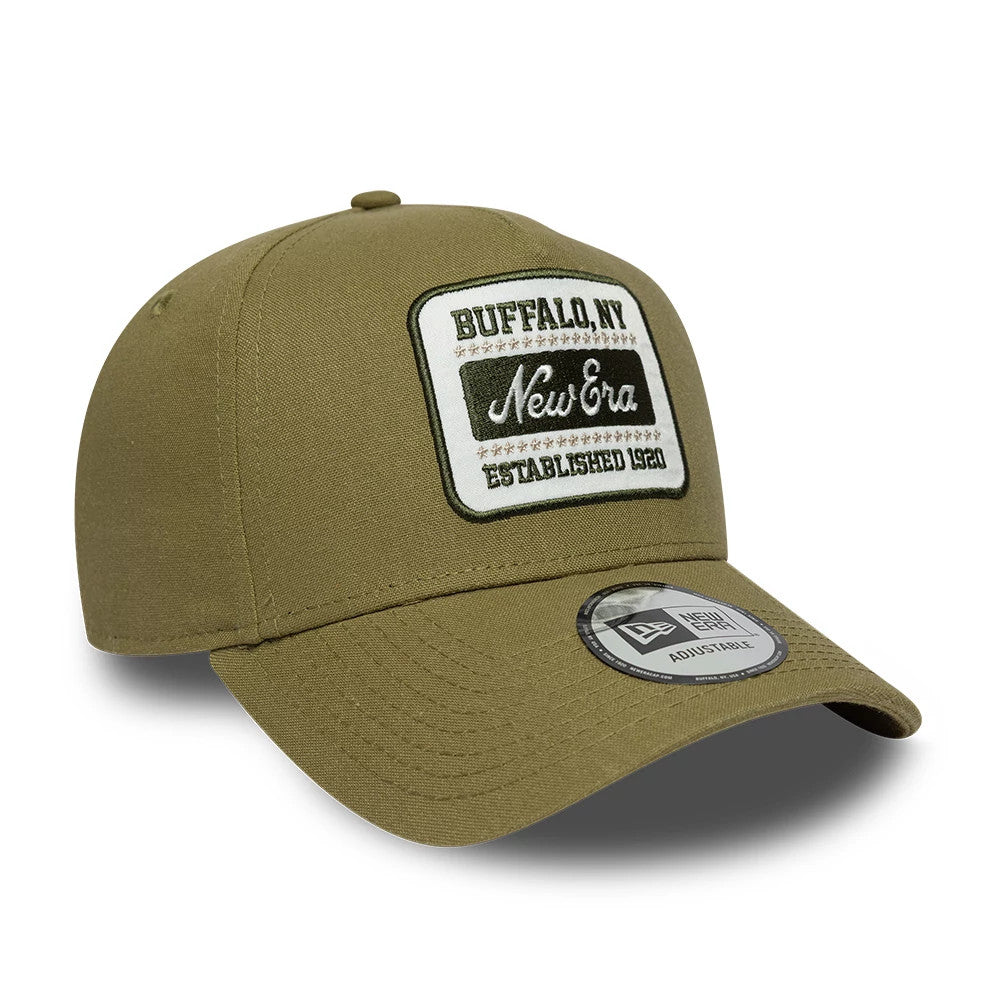 New Era Patch Line Green New Era 9FORTY E-Frame Adjustable Cap, front view showing a rectangular patch with Buffalo, NY and Established 1920 embroidered on the front panel, with a curved visor and 9FORTY size sticker.