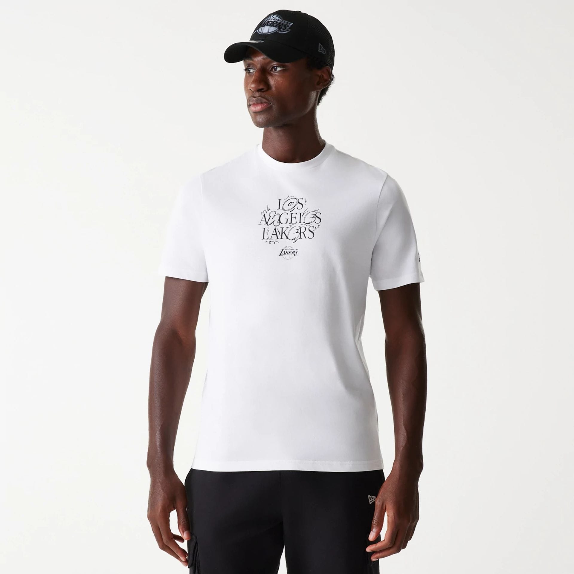 The Male model is wearing LA Lakers NBA Court Graphic White T-Shirt 1