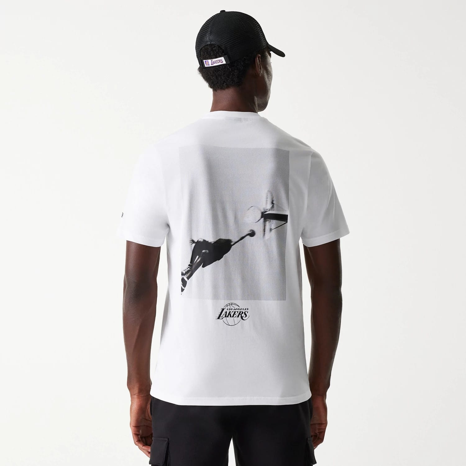The Male model is wearing LA Lakers NBA Court Graphic White T-Shirt 2