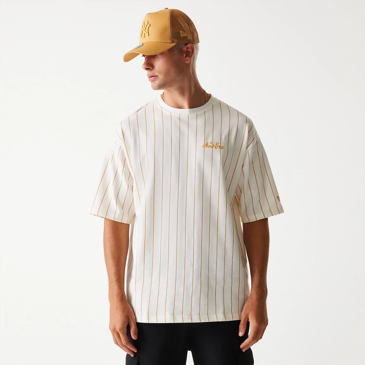 The Male model is wearing New Era Pinstripe Open White Oversized T-Shirt 3