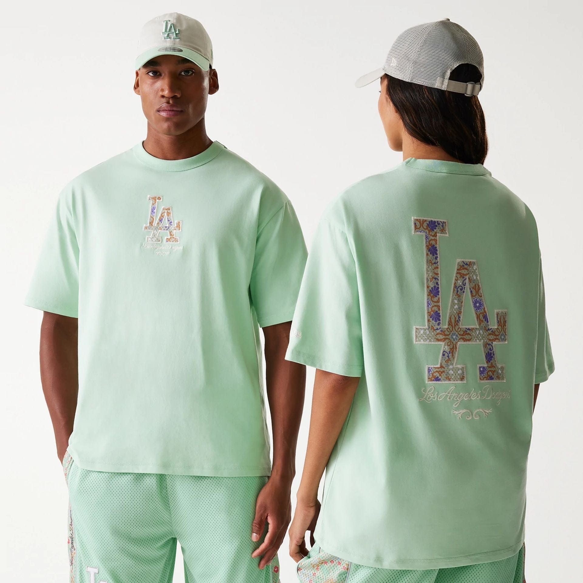 The Male model is wearing LA Dodgers MLB Infill Pastel Green Oversized T-Shirt 1