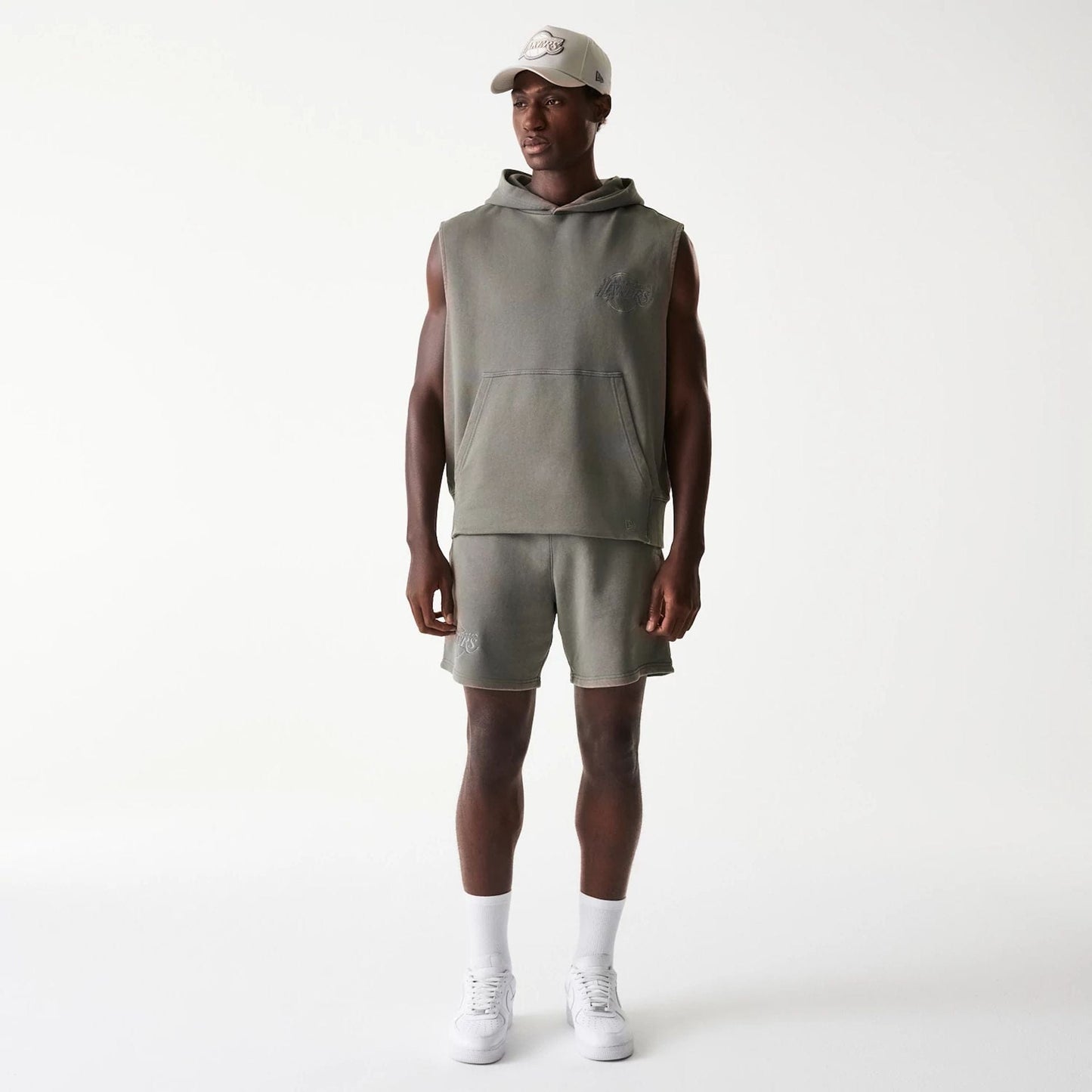 The Male model is wearing LA Lakers NBA Washed Grey Sleeveless Hoodie 8