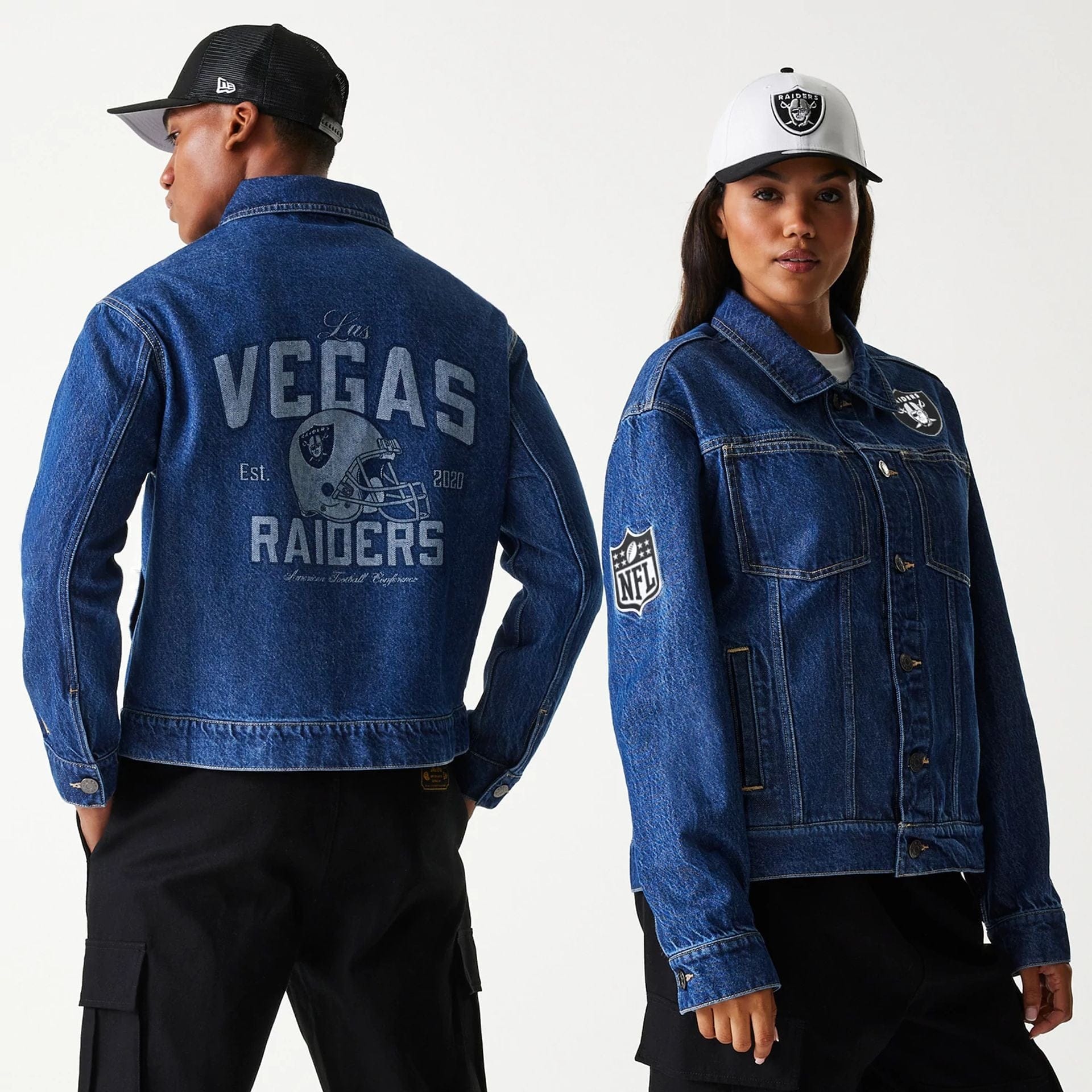 The Male model is wearing Las Vegas Raiders NFL Dark Blue Denim Jacket 1