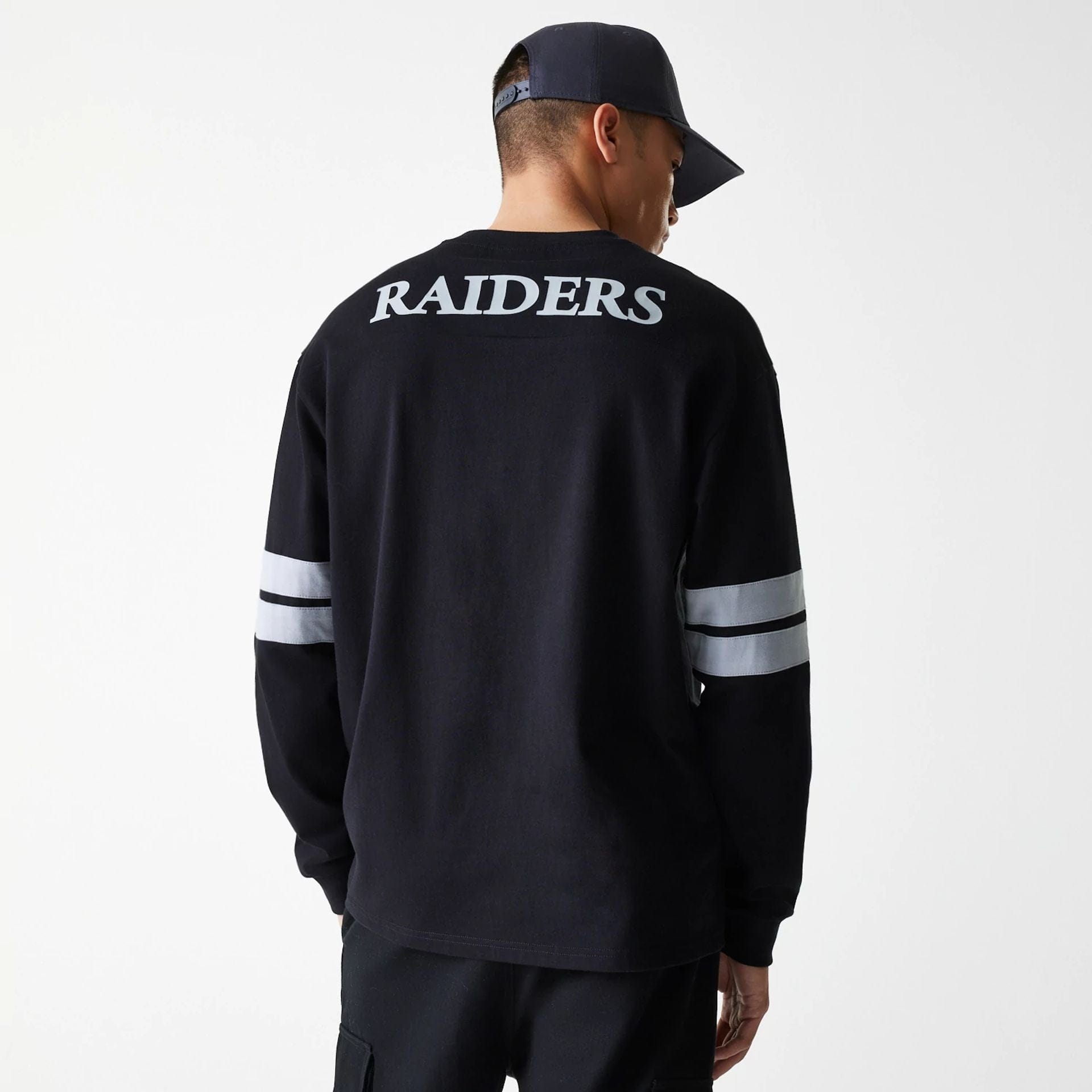 The Male model is wearing Las Vegas Raiders NFL Graphic Black Long Sleeve T-Shirt 2