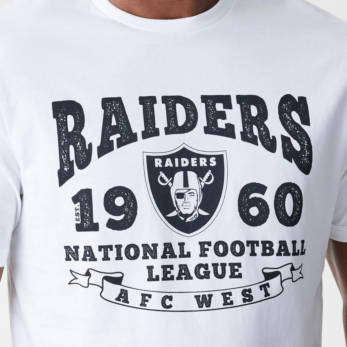 The Male model is wearing Las Vegas Raiders NFL Stack Arch Logo White T-Shirt 4
