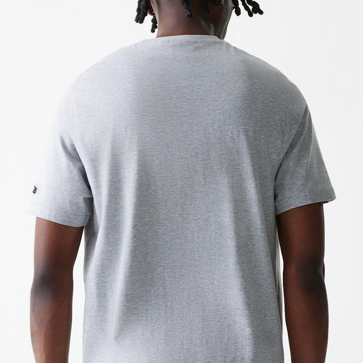 New Era LA Lakers NBA Logo Grey T-Shirt, rear view showing the plain grey back with a short sleeve design and a small raised New Era logo on the left sleeve near the hem.