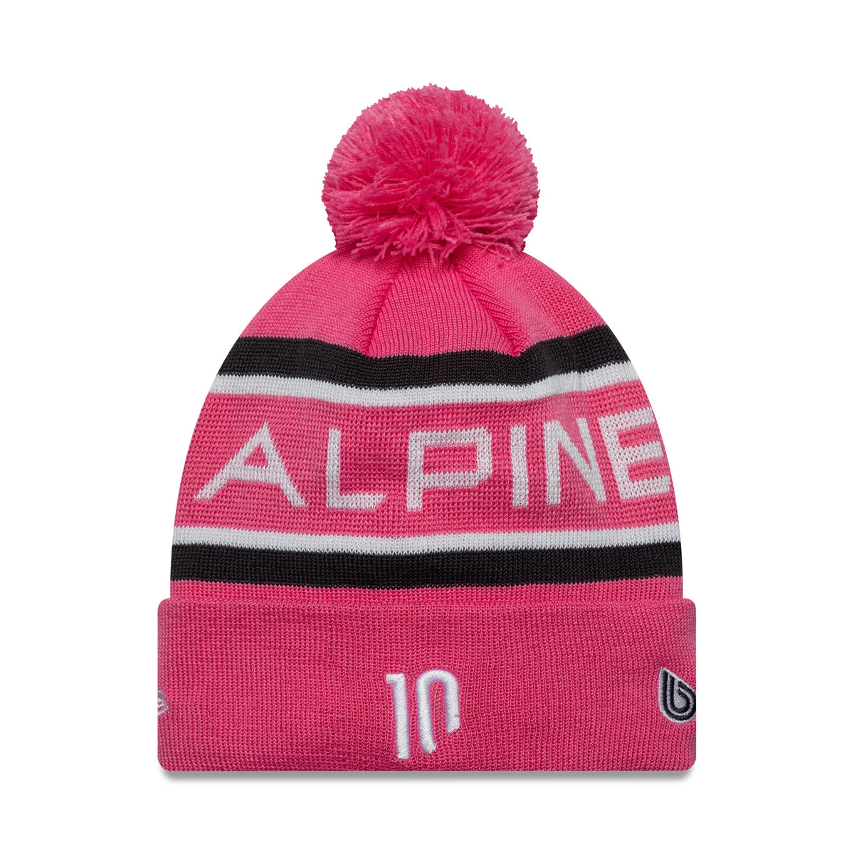 New Era Alpine Racing Youth Replica Pierre Gasly Pink Cuff Knit Beanie Hat, front view showing the Alpine text across the pink crown with black and white stripes, and Pierre Gasly's number 10 embroidered on the front of the cuff.