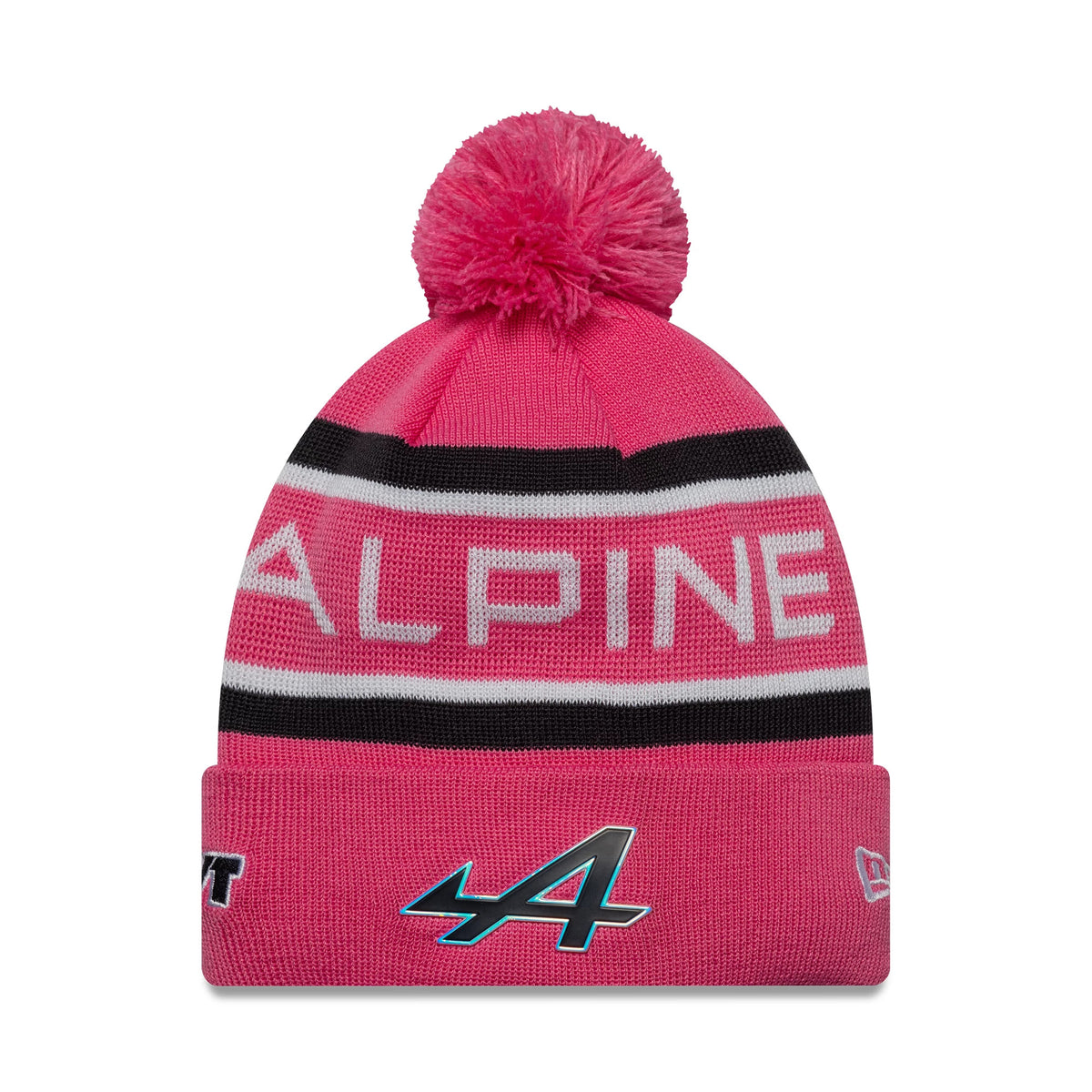 New Era Alpine Racing Youth Replica Jack Doohan Pink Cuff Knit Beanie Hat, front view showing the white and black Alpine lettering on the pink crown, with an embroidered A logo on the cuff and a pom on top.