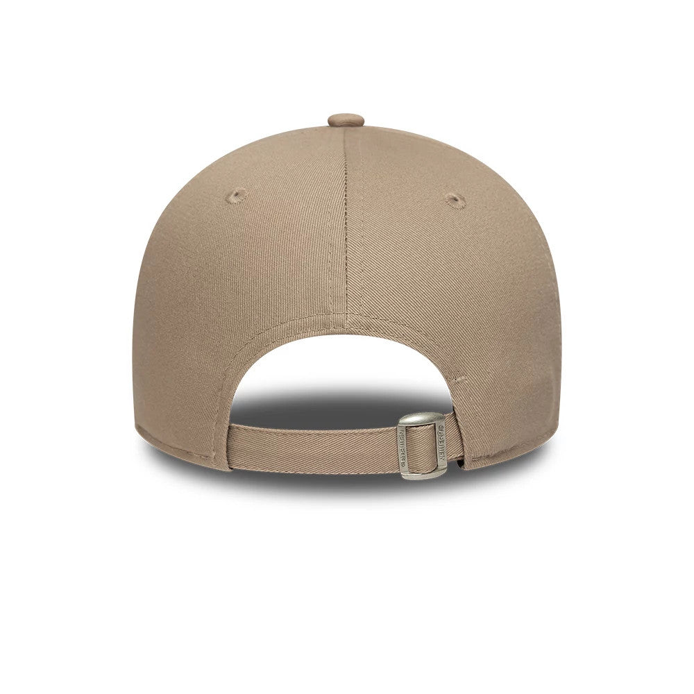 New York Yankees MLB League Essential Pastel Brown New Era 9FORTY Adjustable Cap, rear view showing the unstructured crown with pastel brown fabric, featuring an open back with a self-fabric strap and metal buckle for size adjustment.