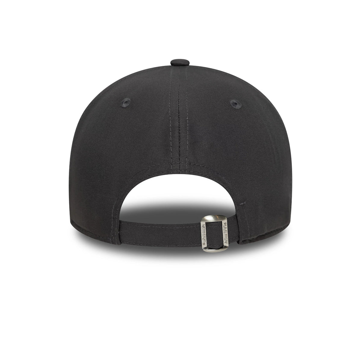 New York Yankees MLB Flawless Dark Grey New Era 9FORTY Adjustable Cap, rear view showing the adjustable fabric strap with a metallic buckle and the seamless dark grey back panels topped with a matching grey top button.