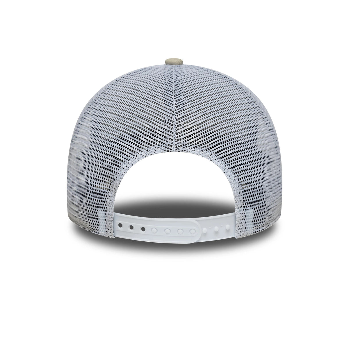 New York Yankees MLB League Essential Light Beige New Era 9FORTY E-Frame Trucker Adjustable Cap, rear view showing the white mesh back panels and adjustable strap, with a beige top button accentuating the cap's design.