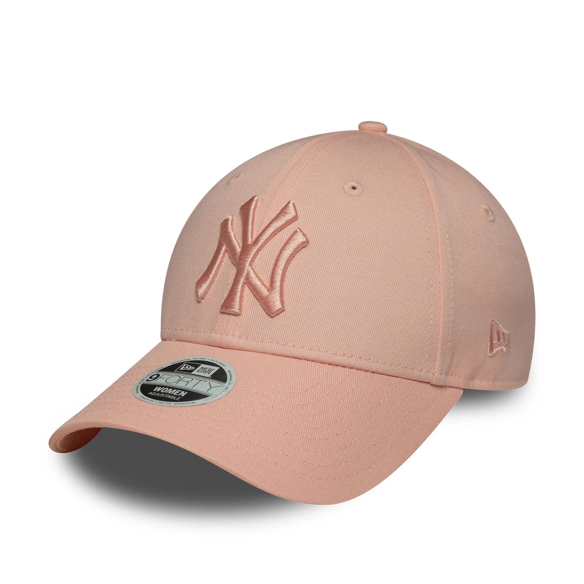 New York Yankees MLB League Essential Pastel Pink New Era 9FORTY Adjustable Cap, front view showing the raised embroidered NY logo on the front panel, with a curved visor and 9FORTY size sticker, plus the New Era flag logo on the left side.