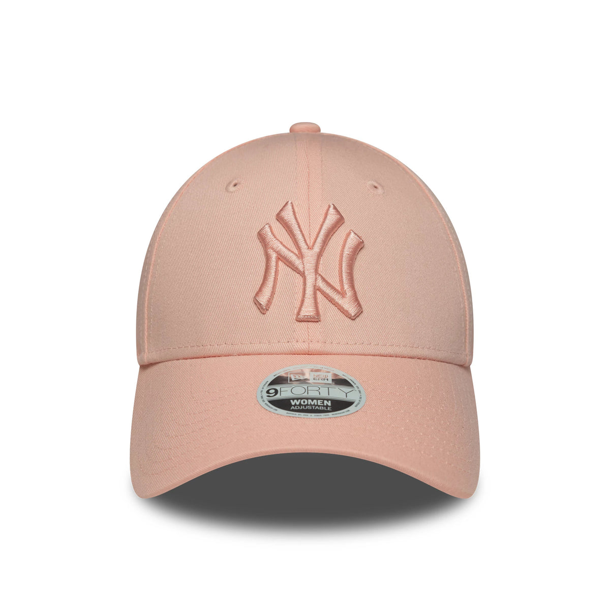 New York Yankees MLB League Essential Pastel Pink New Era 9FORTY Adjustable Cap, front view showing the raised embroidered NY logo on the structured pastel pink crown, with a curved visor and a 9FORTY size sticker.