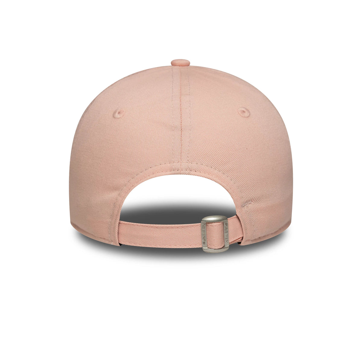 New York Yankees MLB League Essential Pastel Pink New Era 9FORTY Adjustable Cap, rear view showing the pastel pink strap with a silver metal buckle and perforations, with a smooth pastel pink crown and matching top button.