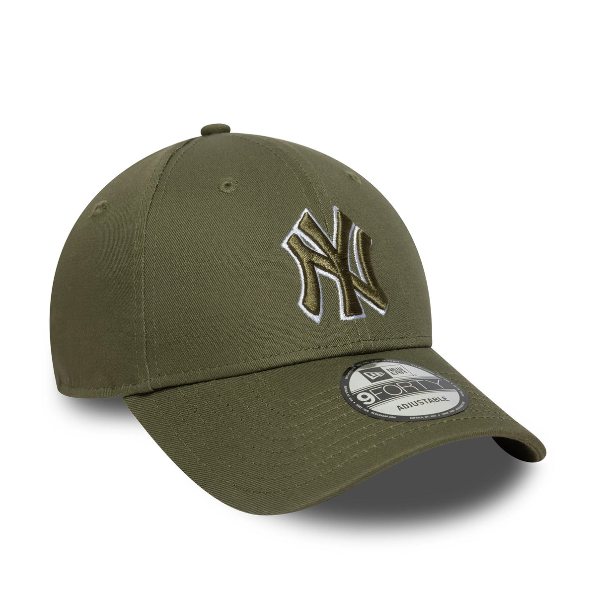 New York Yankees MLB Outline Dark Green New Era 9FORTY Adjustable Cap, three-quarter view showing the raised NY logo embroidered in white and dark green on the front panel, with a curved visor and a 9FORTY size sticker.