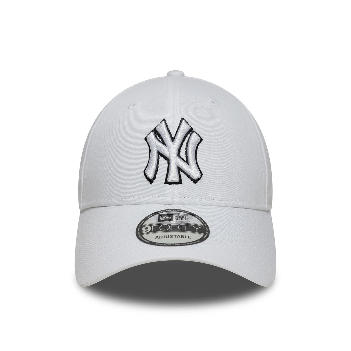 New York Yankees MLB Outline White New Era 9FORTY Adjustable Cap, front view with a raised embroidered black outlined NY logo on the front panel and a 9FORTY size sticker on the curved visor.