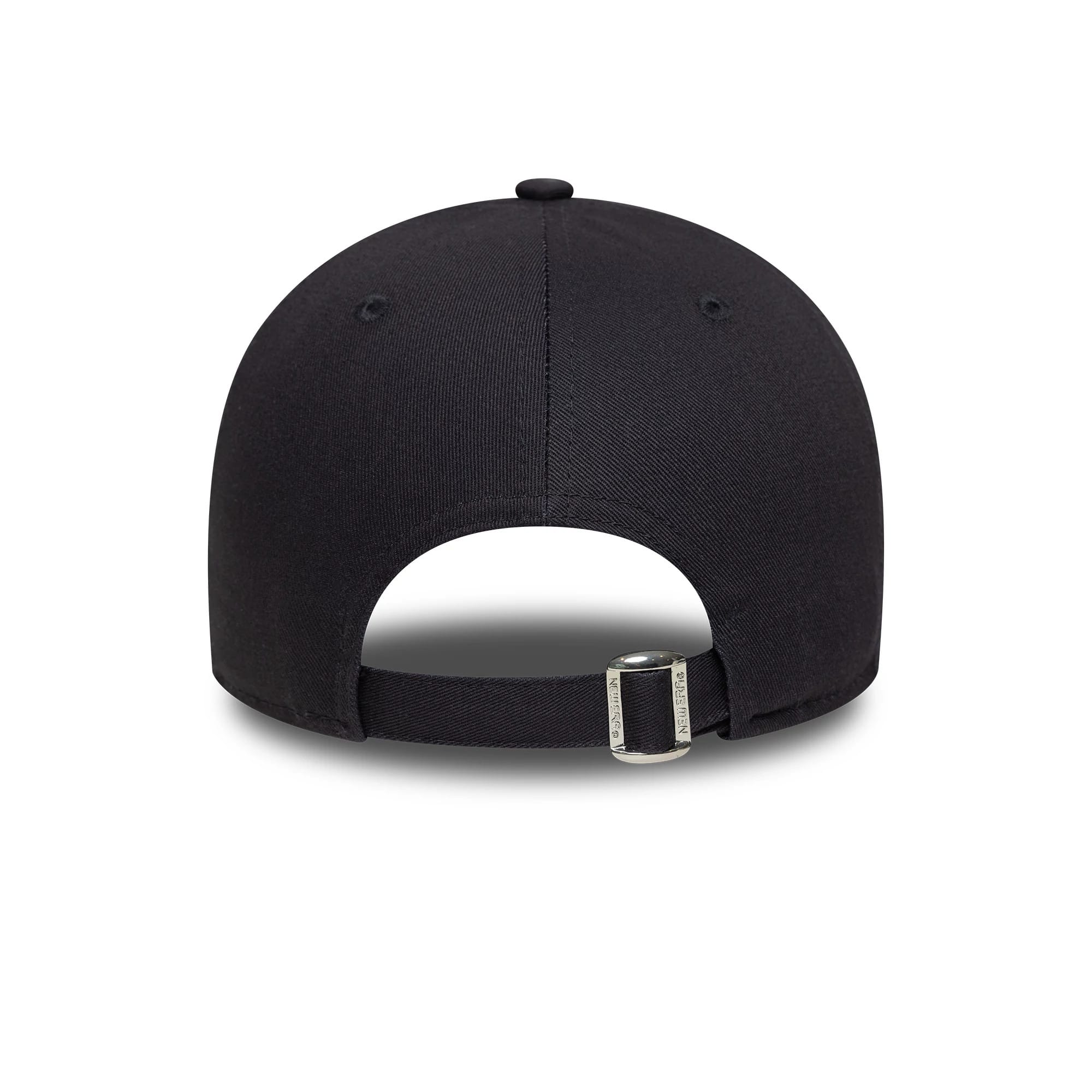 New York Yankees MLB Outline Navy New Era 9FORTY Adjustable Cap, rear view with adjustable strap and metal buckle closure, featuring a structured navy crown and a curved visor design.