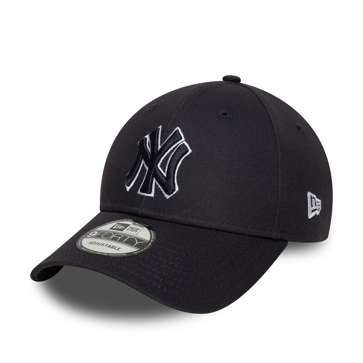 New York Yankees MLB Outline Navy New Era 9FORTY Adjustable Cap, front view showing the raised white-outlined NY logo embroidered on the front panel, a curved visor with a 9FORTY size sticker, and the New Era flag logo on the left side.