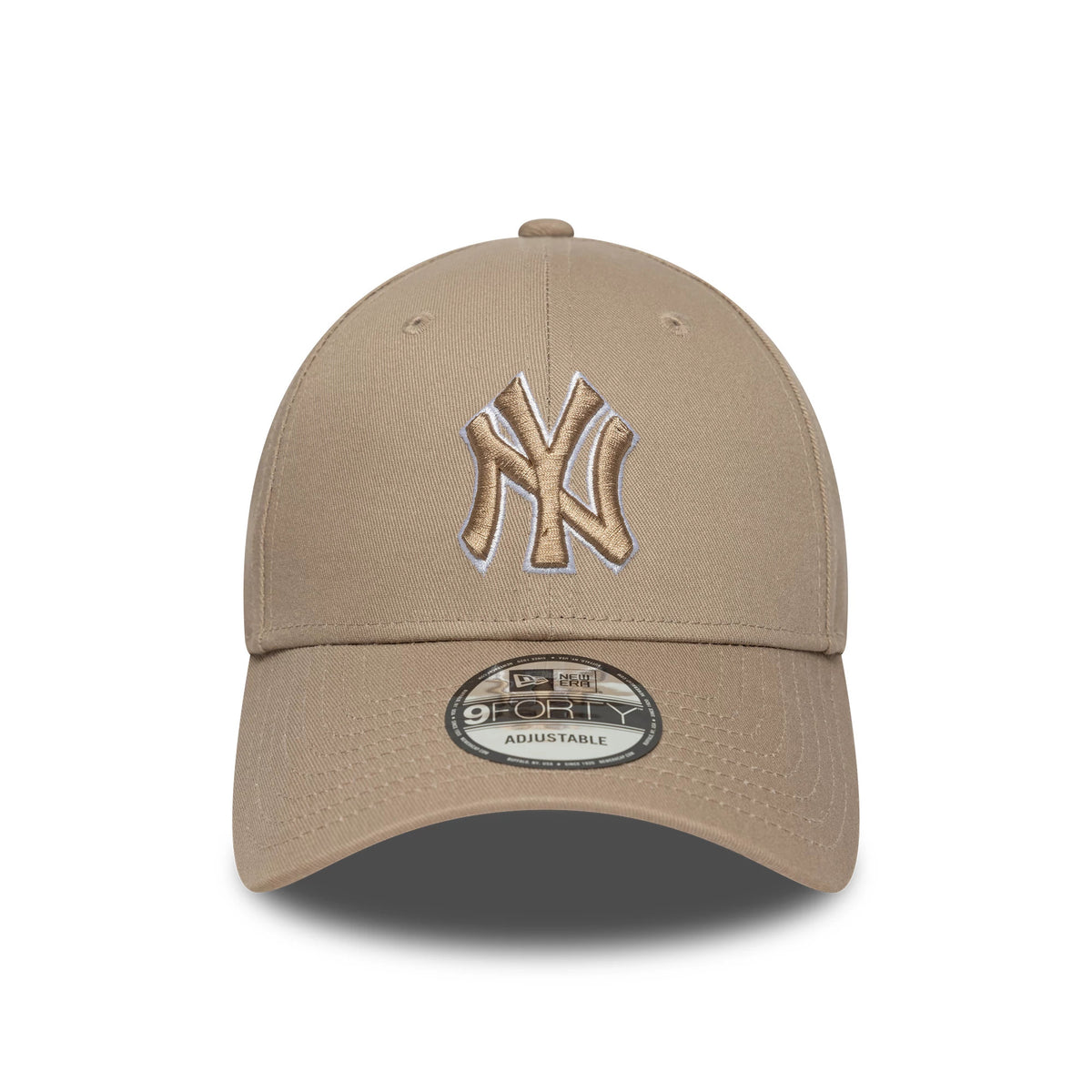 New York Yankees MLB Outline Pastel Brown New Era 9FORTY Adjustable Cap, front view showing a raised brown Yankees logo with white outline on the front panel, curved visor with a 9FORTY size sticker on top.