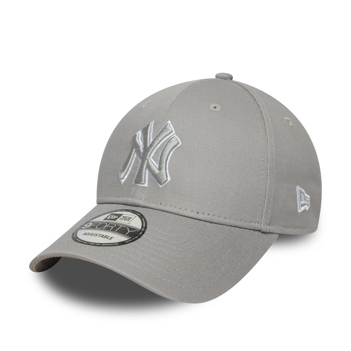 New York Yankees MLB Outline Grey New Era 9FORTY Adjustable Cap, three-quarter view showing the raised white embroidered NY logo on the front panel, with a curved visor featuring a 9FORTY size sticker and New Era flag logo on the left side.