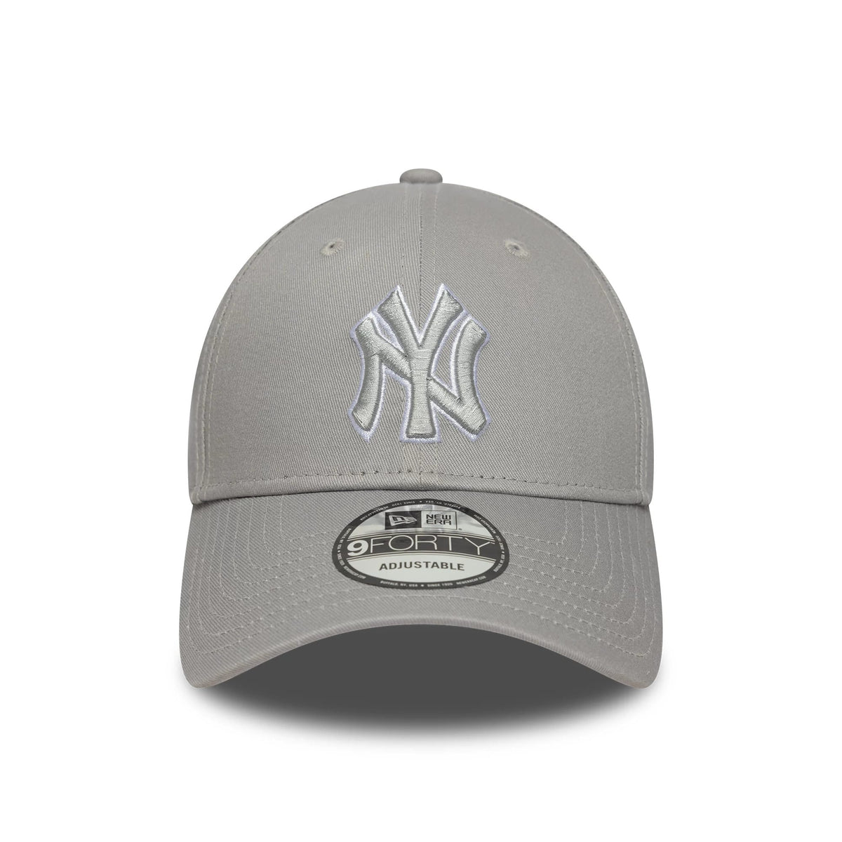 New York Yankees MLB Outline Grey New Era 9FORTY Adjustable Cap, front view showing a raised embroidered NY logo in white on the front panel with a curved visor and the 9FORTY size sticker on top.