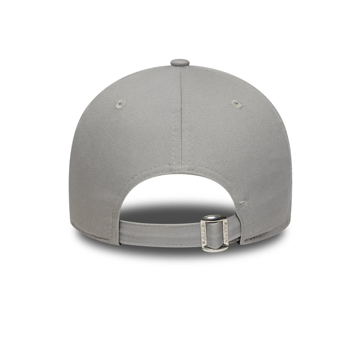 New York Yankees MLB Outline Grey New Era 9FORTY Adjustable Cap, rear view showing the open back with a fabric strap featuring a metal buckle, complemented by two grey embroidered eyelets on the structured grey crown.
