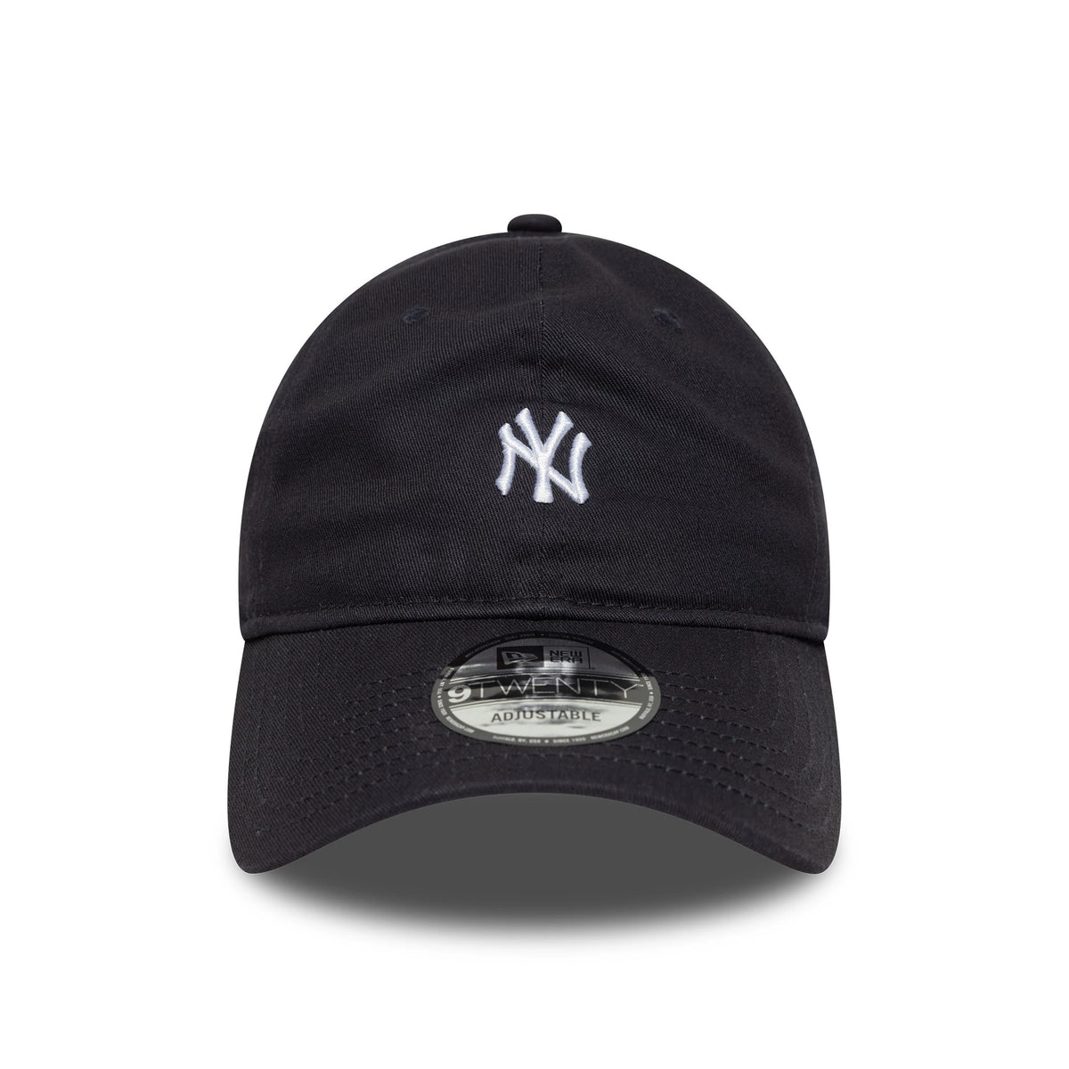 New York Yankees MLB Mini Logo Navy New Era 9TWENTY Adjustable Cap, front view showing the white embroidered NY logo on the low-profile navy crown, with a curved visor and 9TWENTY size sticker.