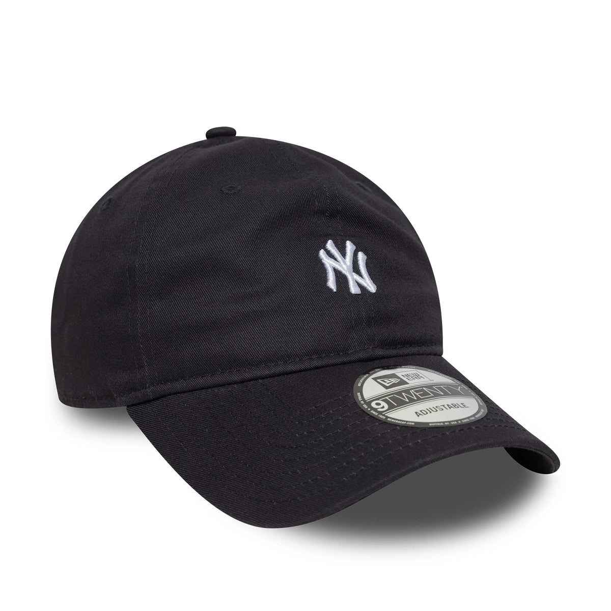New York Yankees MLB Mini Logo Navy New Era 9TWENTY Adjustable Cap, front view showing the white embroidered NY logo on the front panel and the curved visor with a 9TWENTY size sticker.