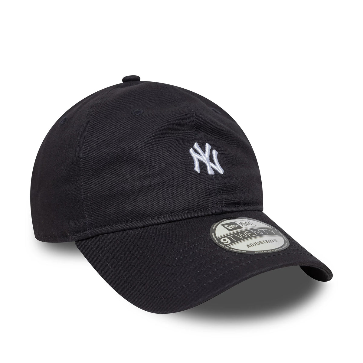 New York Yankees MLB Mini Logo Navy New Era 9TWENTY Adjustable Cap, front view showing the white embroidered NY logo on the front panel and the curved visor with a 9TWENTY size sticker.