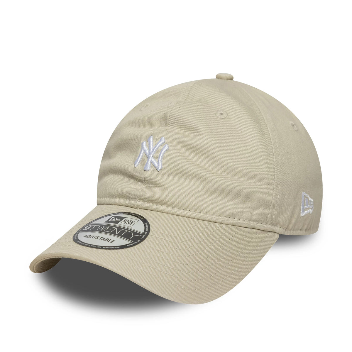 New York Yankees MLB Mini Logo Cream New Era 9TWENTY Adjustable Cap, front view with a cream visor, a black and white 9TWENTY size sticker, and a white embroidered Yankees logo on the front panel, with the New Era flag logo on the left side.