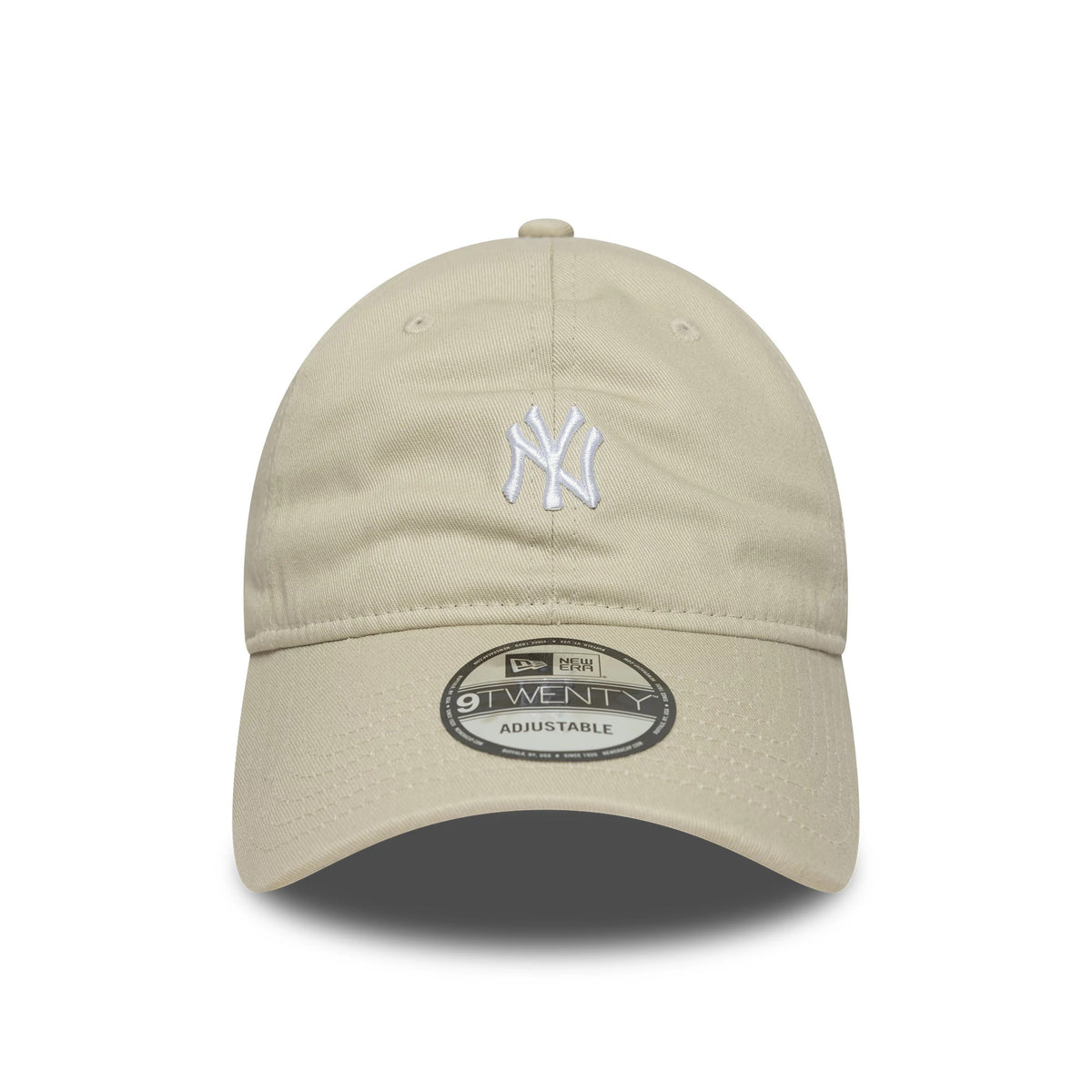 New York Yankees MLB Mini Logo Cream New Era 9TWENTY Adjustable Cap, front view showing white embroidered NY logo on the front panel with a 9TWENTY size sticker on the curved visor and cream eyelets throughout.