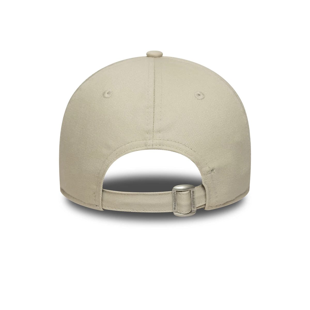 New York Yankees MLB Mini Logo Cream New Era 9TWENTY Adjustable Cap, rear view showing a curved opening with a cream adjustable strap and metal buckle, centred on the unstructured cream crown with matching top button and embroidered eyelets.