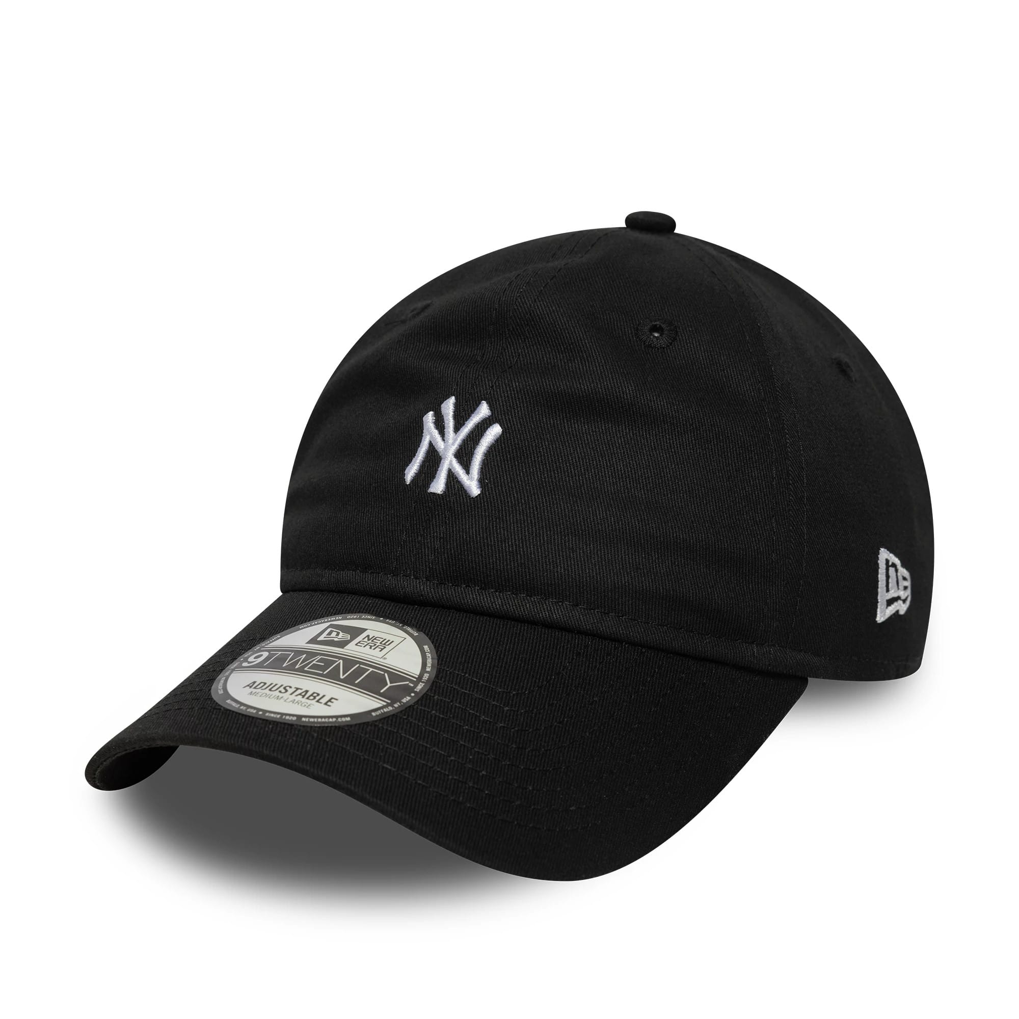 New York Yankees MLB Mini Logo Black New Era 9TWENTY Adjustable Cap, three-quarter view showing white NY logo embroidered on the front panel, New Era flag logo on the left side, and a 9TWENTY size sticker on the curved visor.