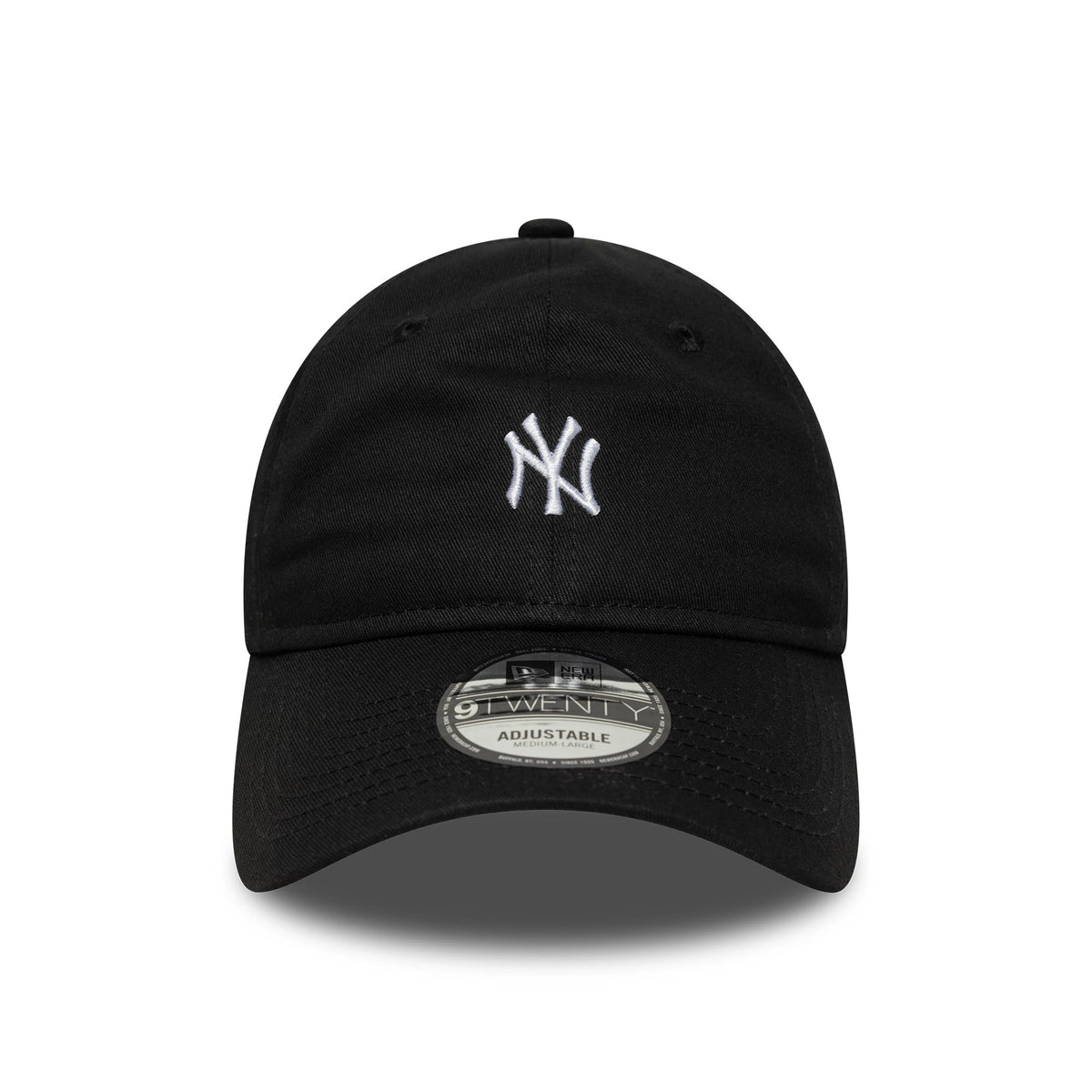 New York Yankees MLB Mini Logo Black New Era 9TWENTY Adjustable Cap, front view showing the white raised embroidered NY logo on the front panel and the 9TWENTY size sticker on the curved visor.