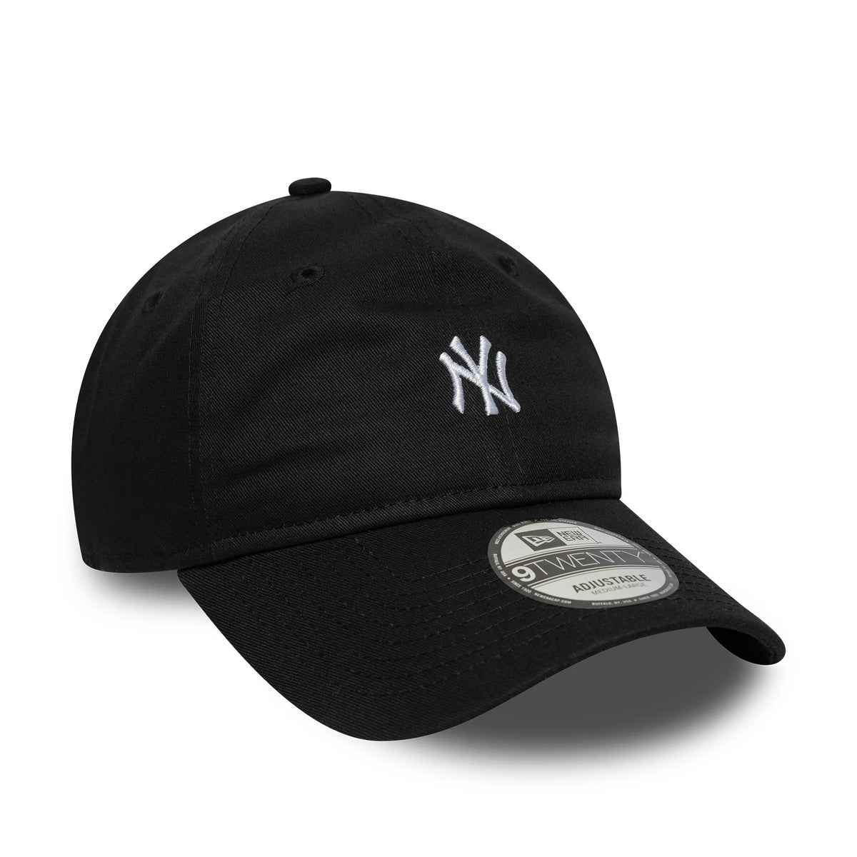 New York Yankees MLB Mini Logo Black New Era 9TWENTY Adjustable Cap, front view with a white embroidered NY logo on the front panel and a curved visor featuring a 9TWENTY size sticker.