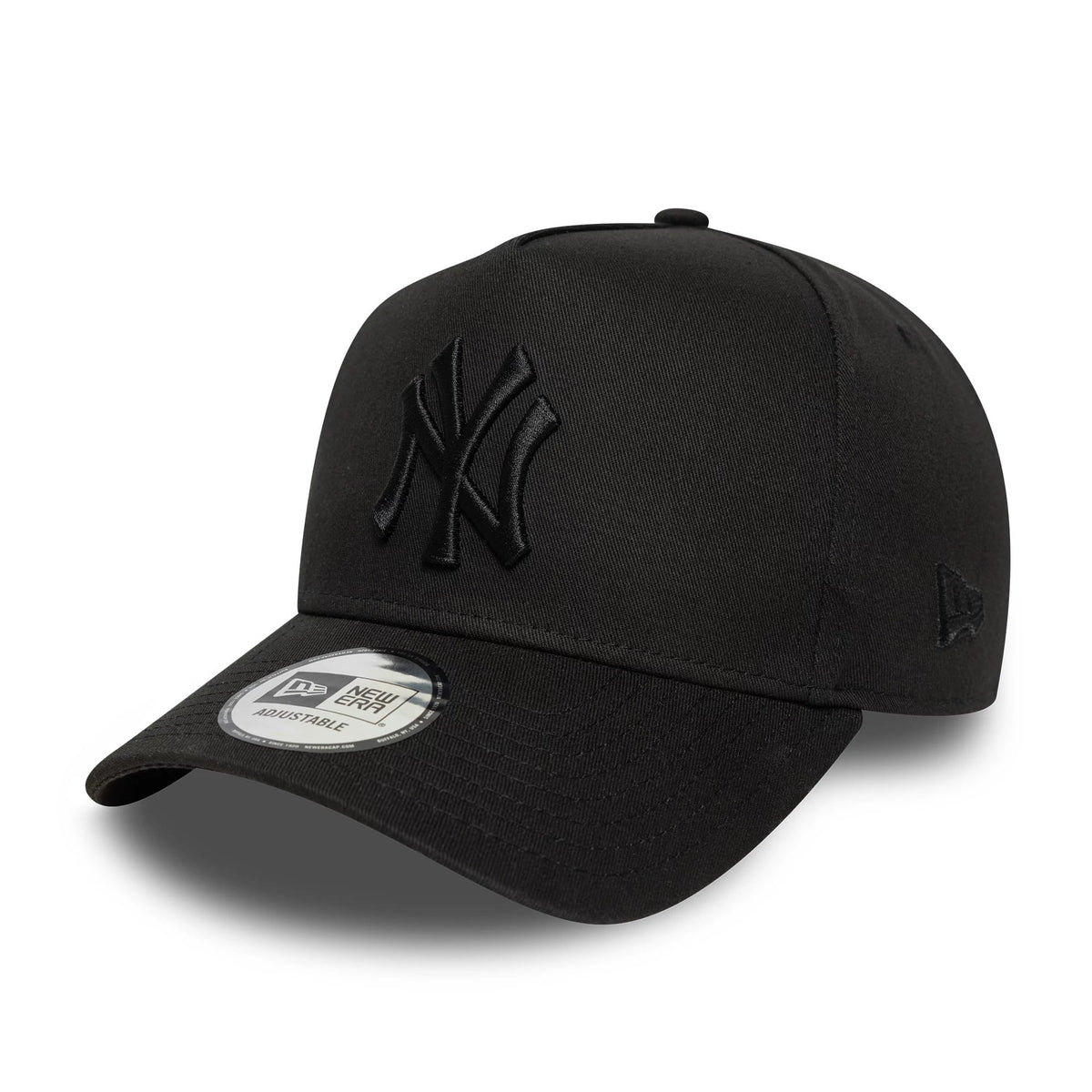 Yankees MLB League Essential Black on Black New Era 9FORTY E-Frame Adjustable Cap, three-quarter view showing a raised black NY logo on the front panel, curved visor with a 9FORTY size sticker, and a New Era flag logo on the left side.