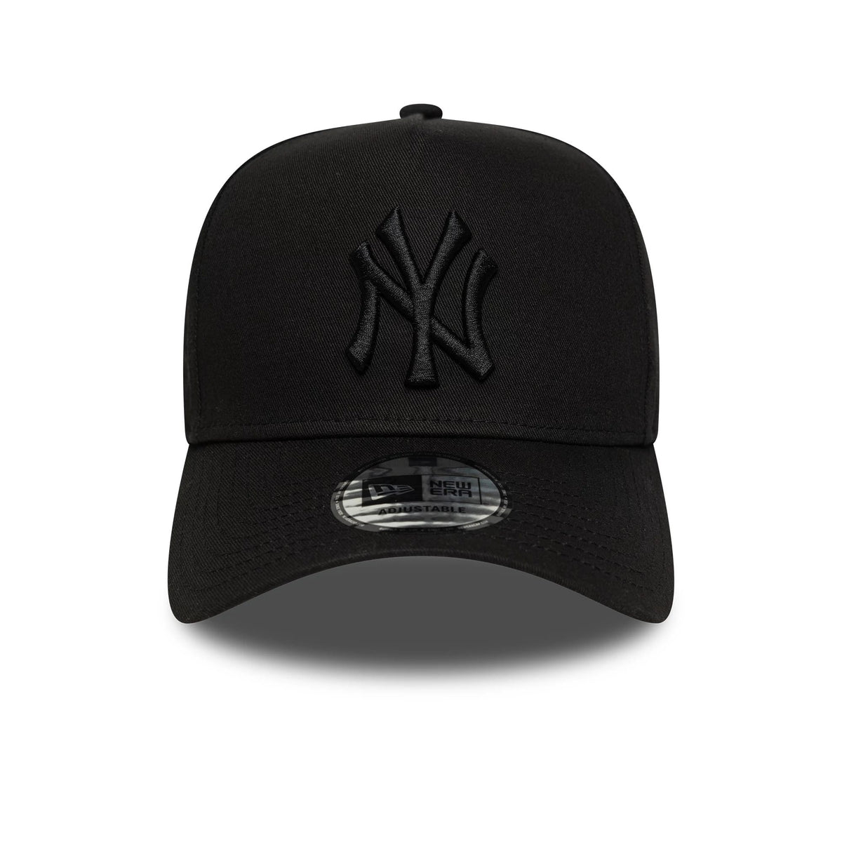 Yankees MLB League Essential Black on Black New Era 9FORTY E-Frame Adjustable Cap, front view showing the raised embroidered NY logo on the front panel and a 9FORTY size sticker on the curved visor.