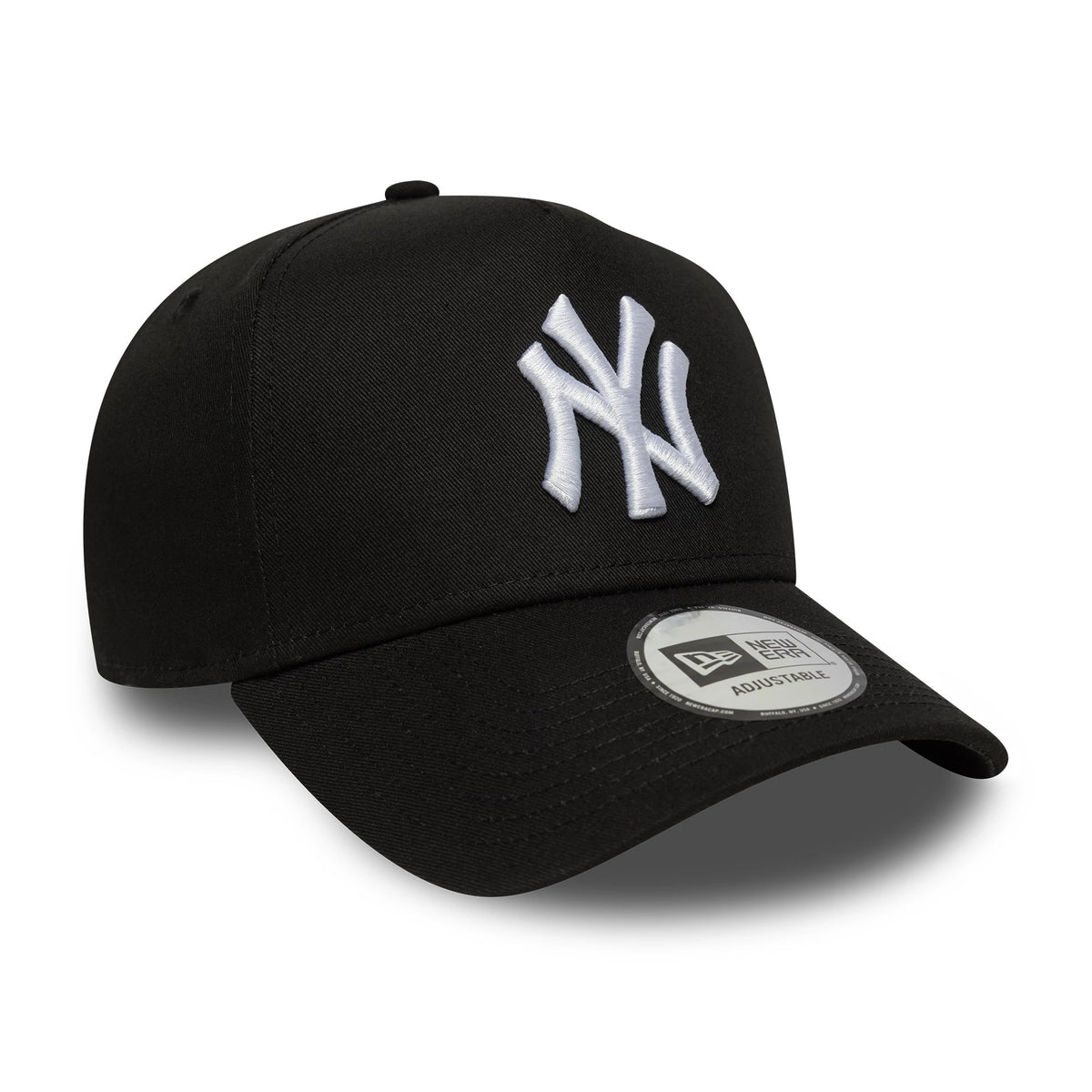 New York Yankees MLB League Essential Black New Era 9FORTY E-Frame Adjustable Cap, three-quarter view showing the raised white NY logo on the front panel and the 9FORTY size sticker on the curved visor.