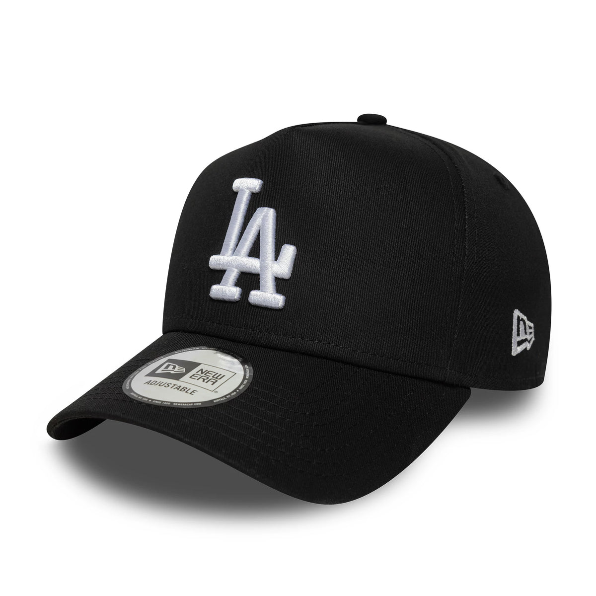 Los Angeles Dodgers MLB League Essential Black New Era 9FORTY E-Frame Adjustable Cap, three-quarter view with a white embroidered LA logo on the front panel, curved visor with 9FORTY size sticker, and white New Era flag logo on the left side.