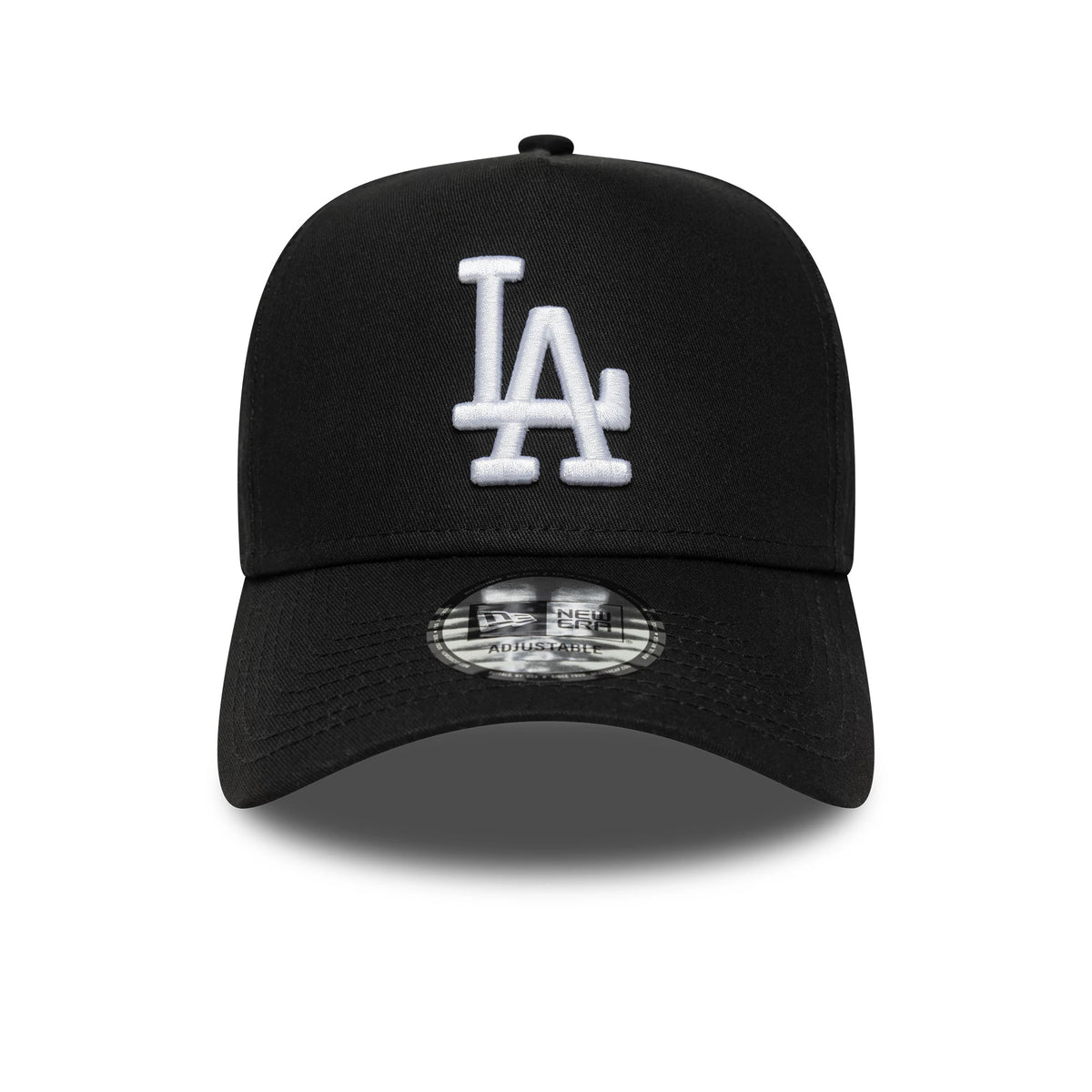 Los Angeles Dodgers MLB League Essential Black New Era 9FORTY E-Frame Adjustable Cap, front view showing raised white LA logo on the front panel and the 9FORTY size sticker on the black curved visor.