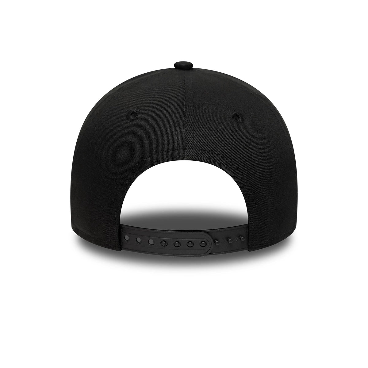 Los Angeles Dodgers MLB League Essential Black New Era 9FORTY E-Frame Adjustable Cap, rear view showing the curved black adjustable strap and structured black crown with no back logo, centred on the panel seams.