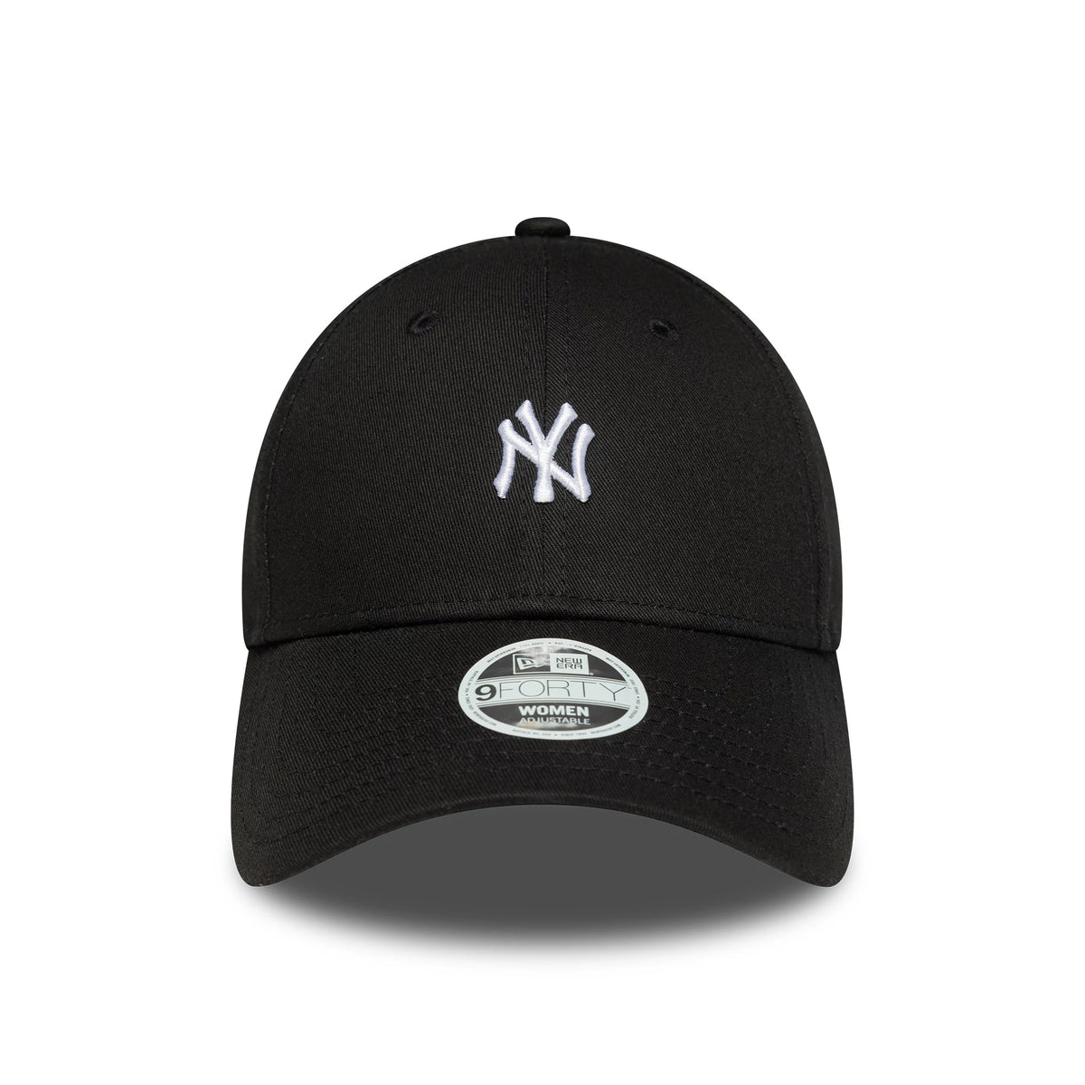 New York Yankees Womens MLB Mini Logo Black New Era 9FORTY Adjustable Cap, front view showing the white embroidered NY logo centred on the black crown, with an attached 9FORTY size sticker on the curved visor.