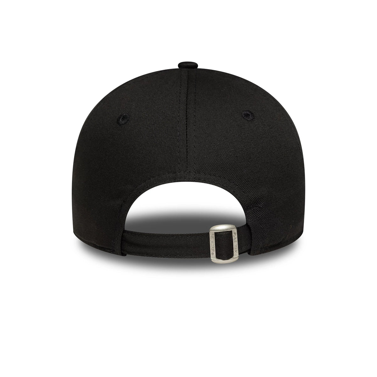 New York Yankees Womens MLB Mini Logo Black New Era 9FORTY Adjustable Cap, rear view showing the strap and silver buckle closure for adjusting fit, with a plain black back panel and top button.