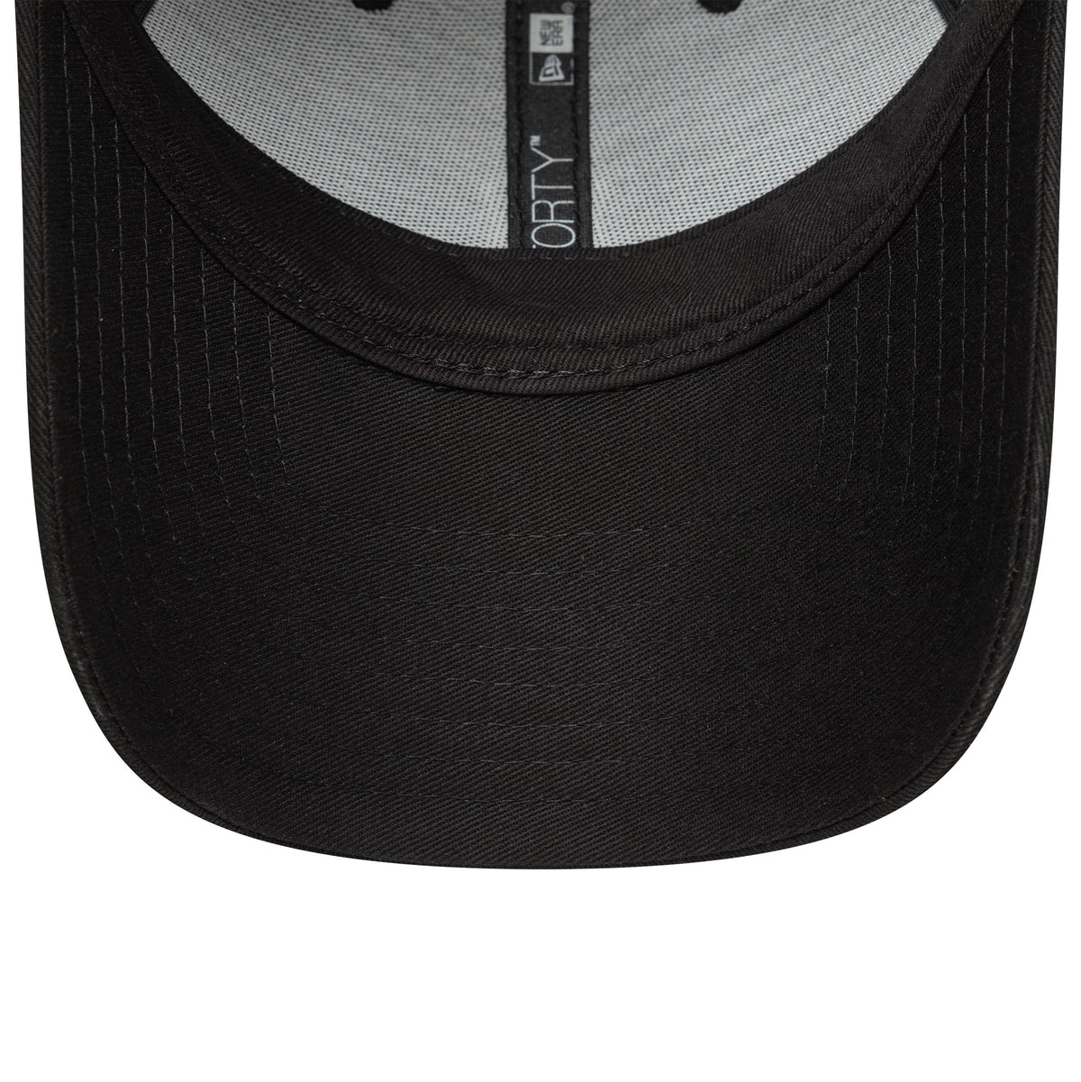 New York Yankees Womens MLB Mini Logo Black New Era 9FORTY Adjustable Cap, inside view showing the black taping with 9FORTY branding and a detailed look at the black undervisor and grey sweatband.