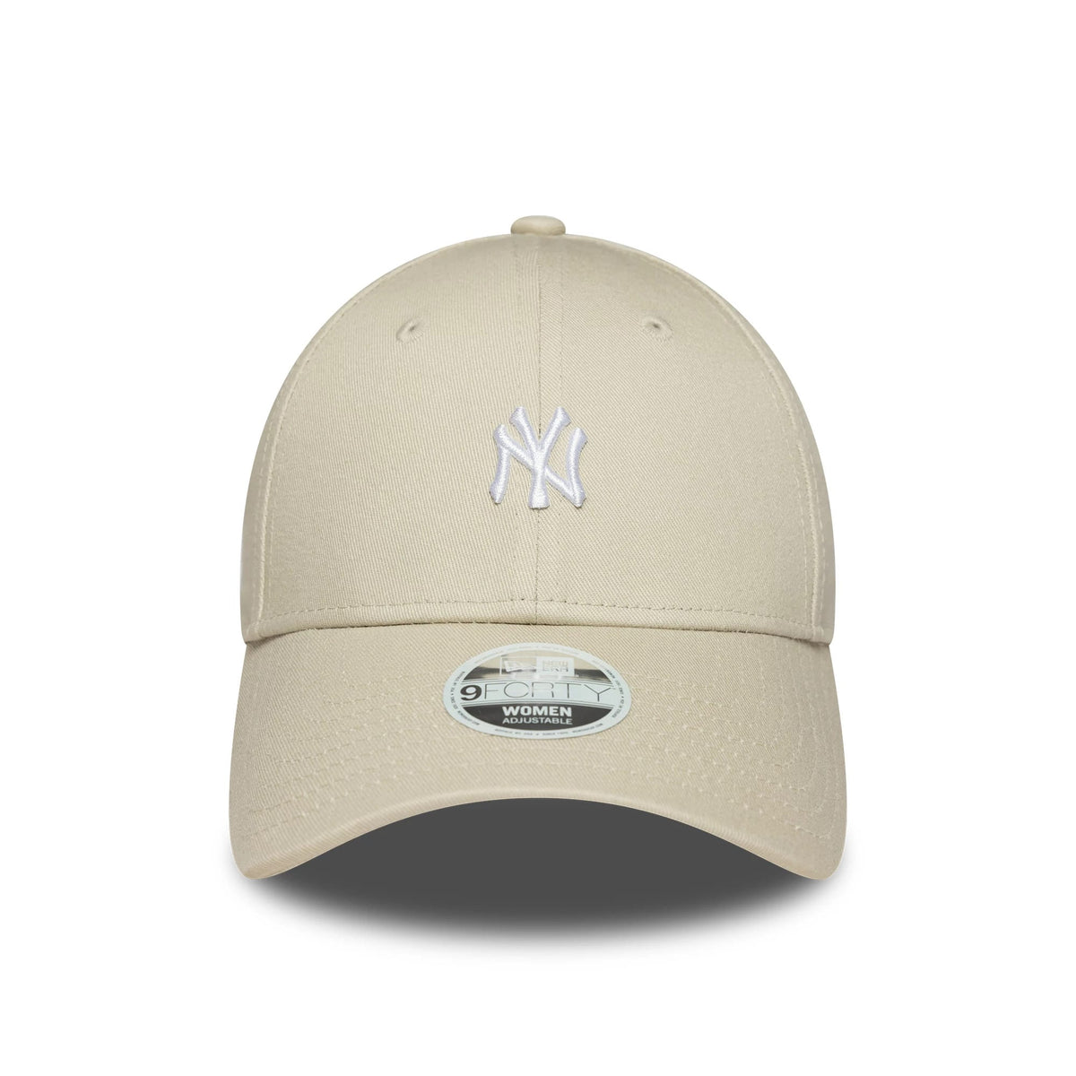 New York Yankees Womens MLB Mini Logo Cream New Era 9FORTY Adjustable Cap, front view showing a white embroidered NY logo on the front panel, cream visor accented by a 9FORTY size sticker on top.