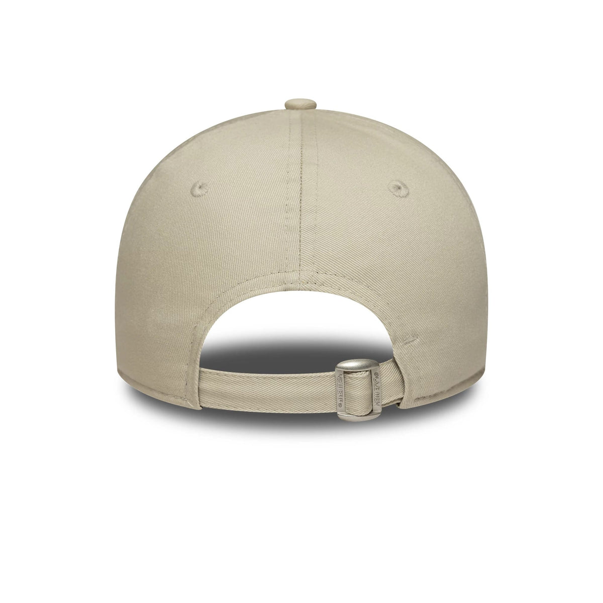 New York Yankees Womens MLB Mini Logo Cream New Era 9FORTY Adjustable Cap, rear view showing the open back with an adjustable strap, centred on the unstructured cream crown with matching top button and eyelets.