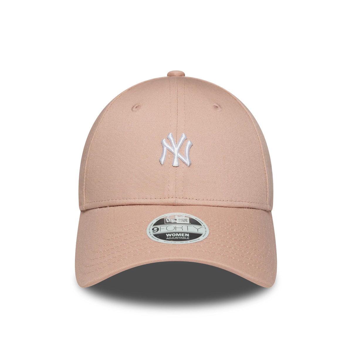 New York Yankees Womens MLB Mini Logo Pastel Pink New Era 9FORTY Adjustable Cap, front view showing the white embroidered NY logo on the structured pink crown, complemented by a 9FORTY size sticker on the curved visor.