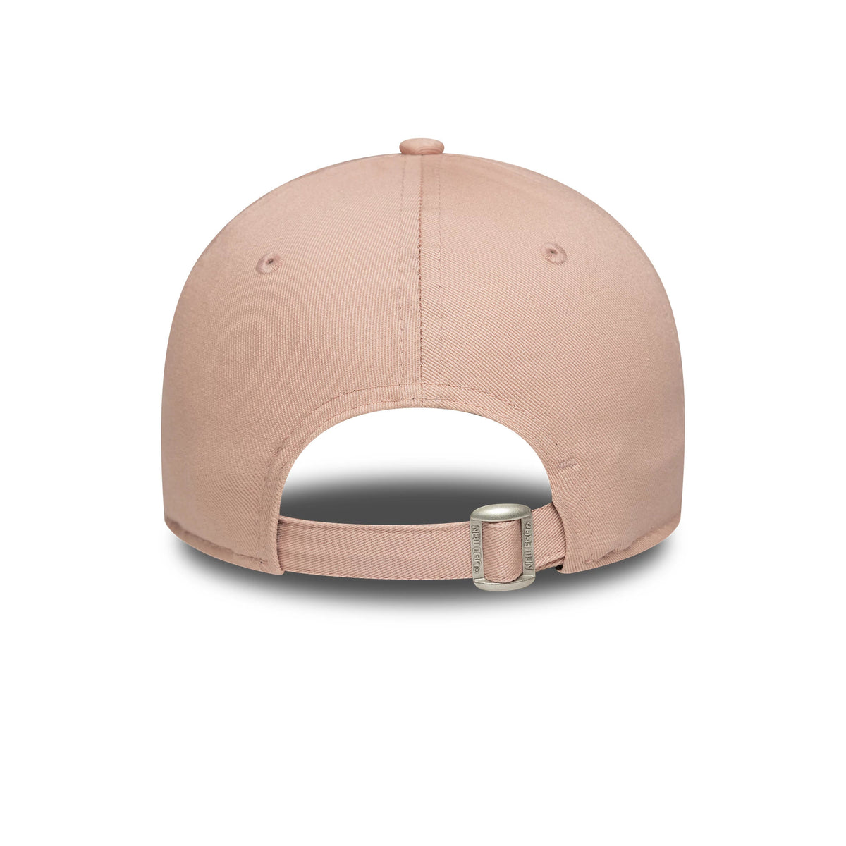 New York Yankees Womens MLB Mini Logo Pastel Pink New Era 9FORTY Adjustable Cap, rear view showing the open back with an adjustable strap and metal buckle, emphasising the minimalist design of the pastel pink curved crown.