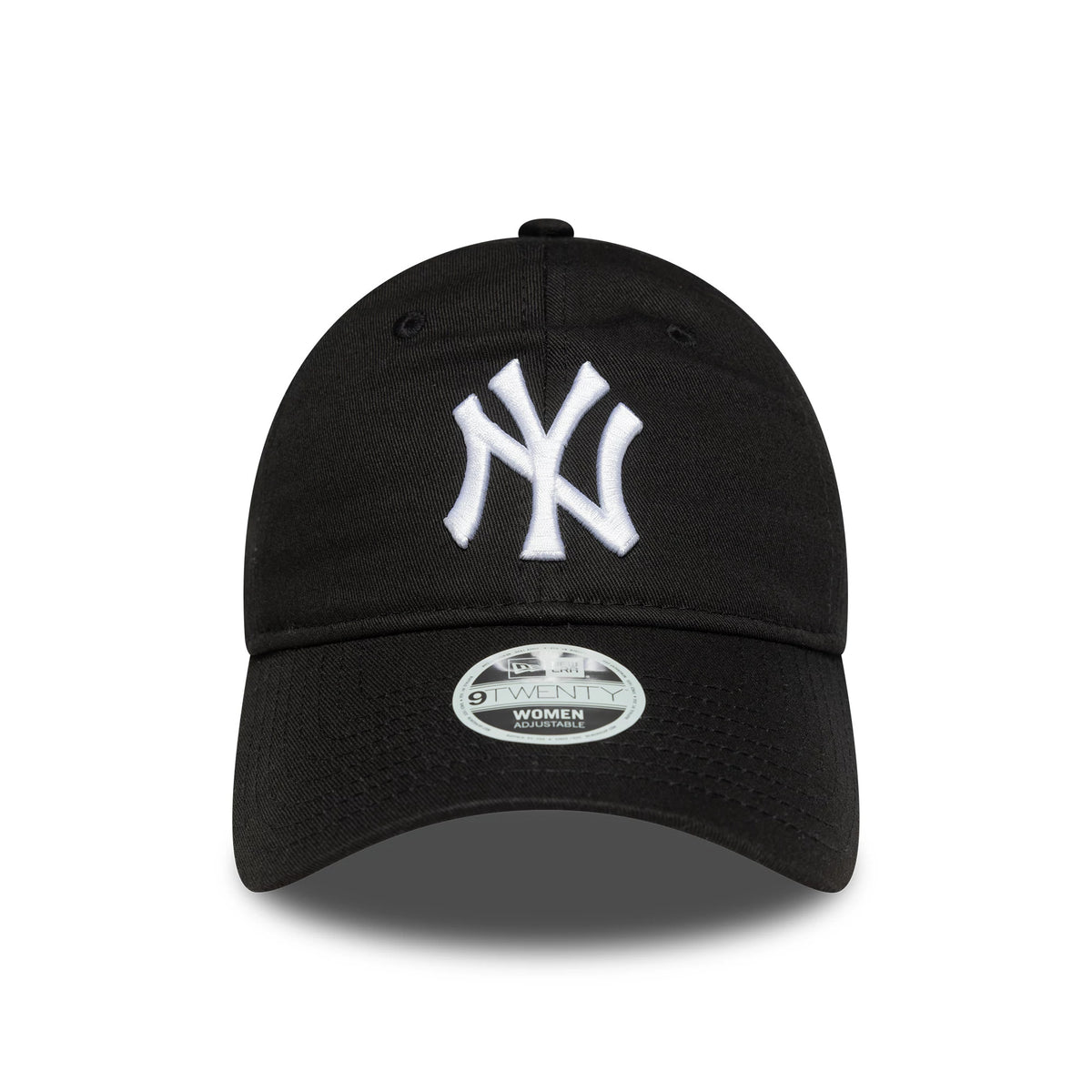 New York Yankees Womens MLB League Essential Black New Era 9TWENTY Adjustable Cap, front view showing the white embroidered NY logo on the black crown and a 9TWENTY size sticker on the curved visor.