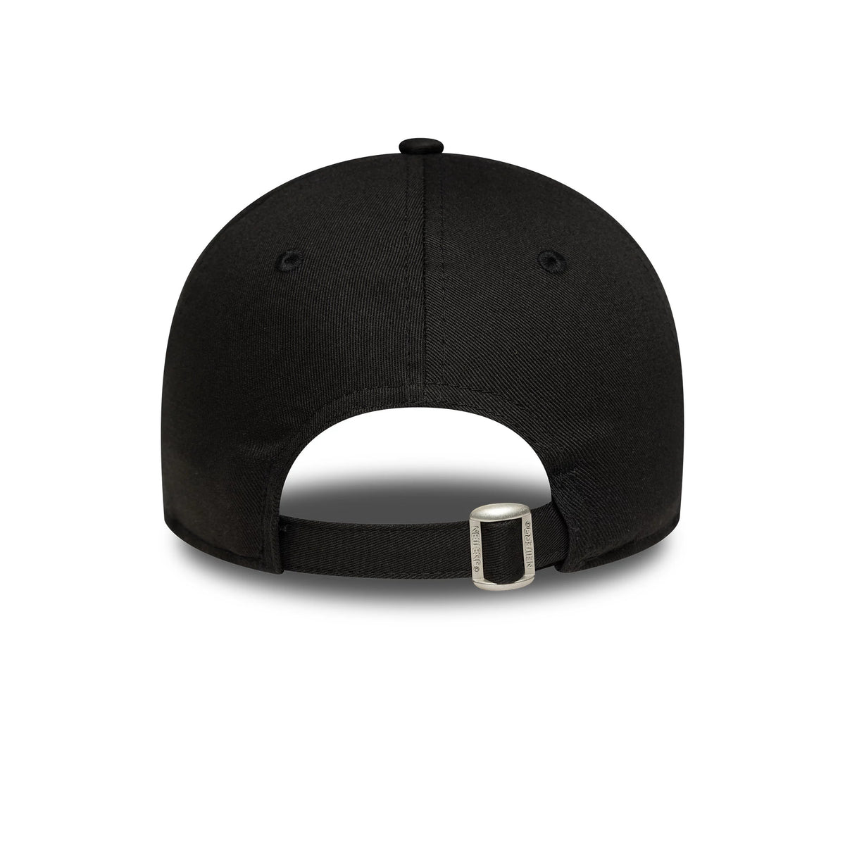 New York Yankees Womens MLB League Essential Black New Era 9TWENTY Adjustable Cap, rear view showing an adjustable buckle strap at the back and a smooth black crown with a top button and stitched eyelets.